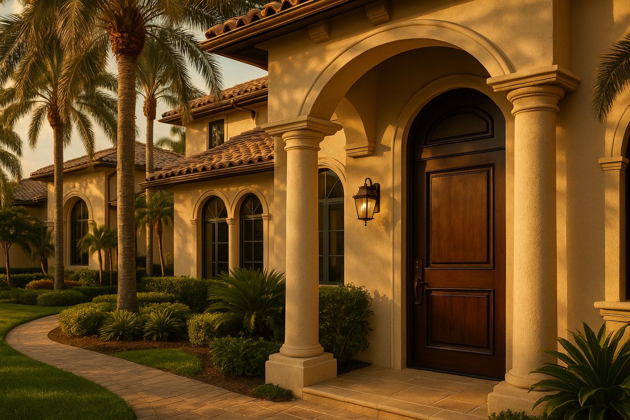 Mediterranean-style estate home with barrel-tile roof, royal palms, and dark walnut front door in a West Delray Beach gated community