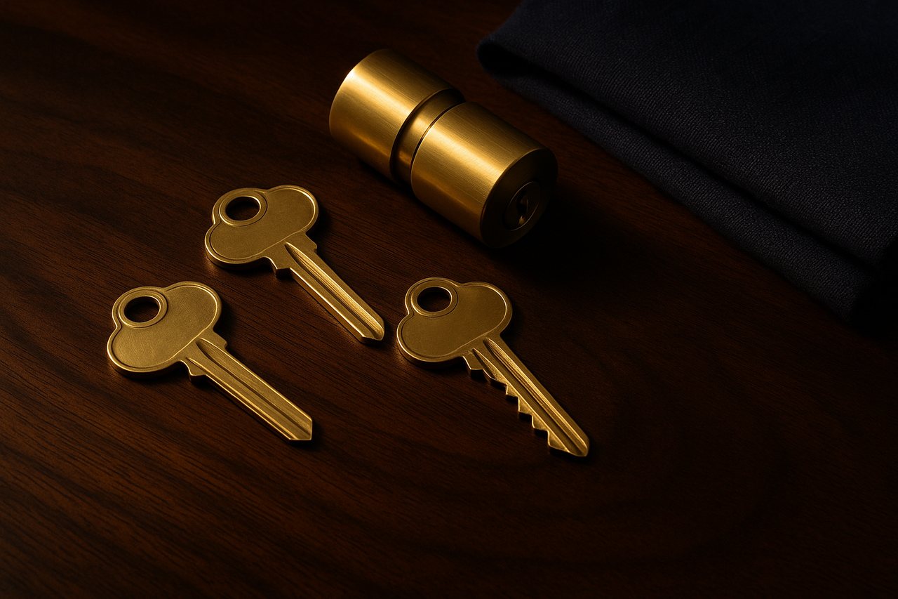 Brass house keys and a brushed-brass lock cylinder on a dark walnut workbench - Premier Locksmith Delray Beach