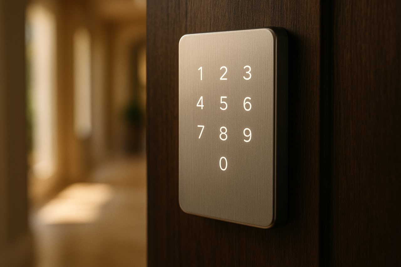 Brushed-nickel smart-lock keypad installed on a dark walnut front door at a Delray Beach residence
